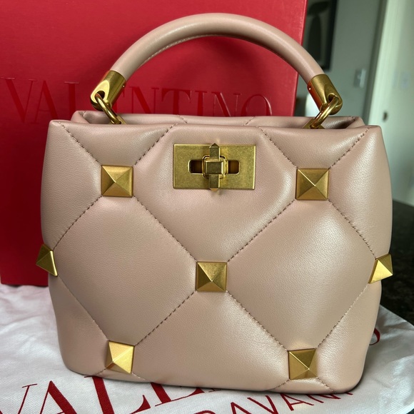 Valentino Garavani Handbags - Valentino Mini Roman Stud Leather Top Handle Bag - small - Rose Cannelle